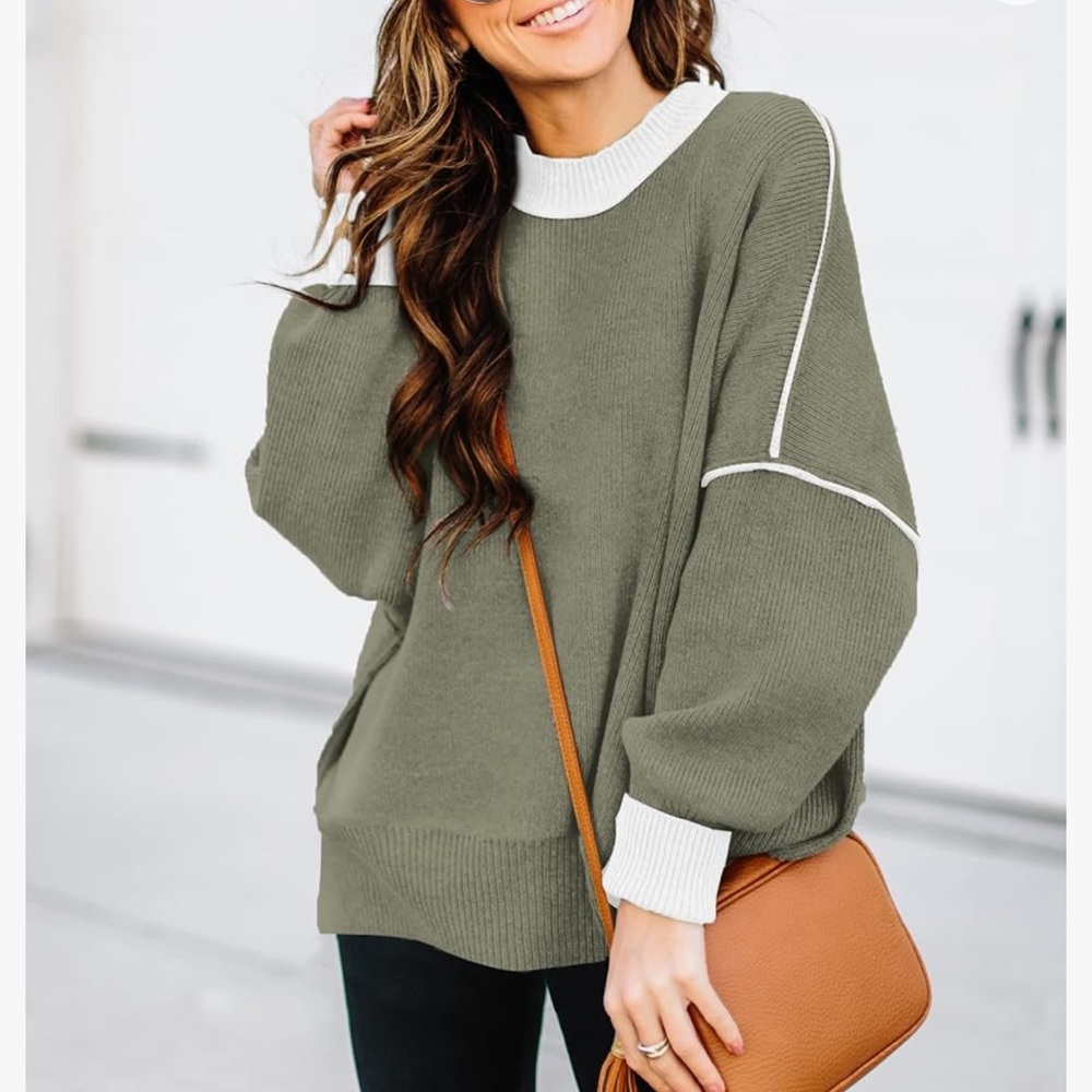 Boutique Oversized Crew Fall Sweater | Olive Green White Seams